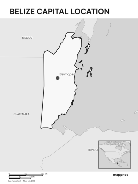 Detailed map pinpointing Belmopan, the capital of Belize (black and white).