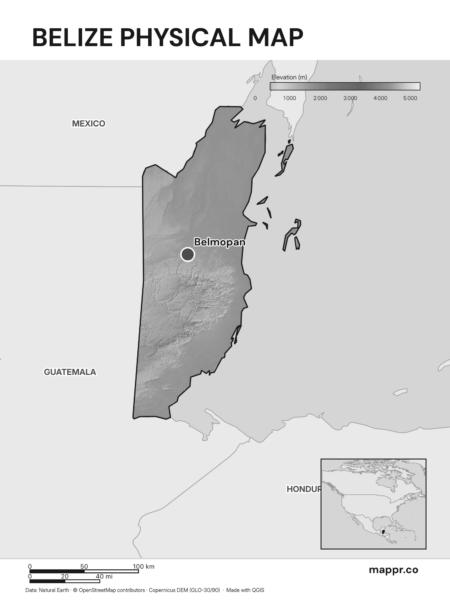 Map featuring Belmopan, the capital of Belize, with rich topographical detail (black and white).