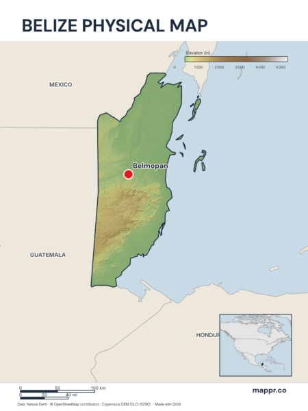 Map featuring Belmopan, the capital of Belize, with rich topographical detail.