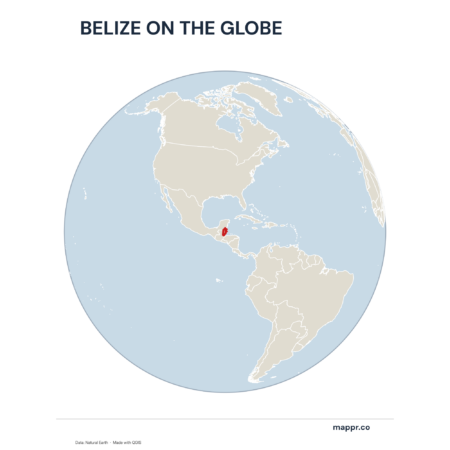 A map highlighting Belize's location on a globe, marked with a red outline.
