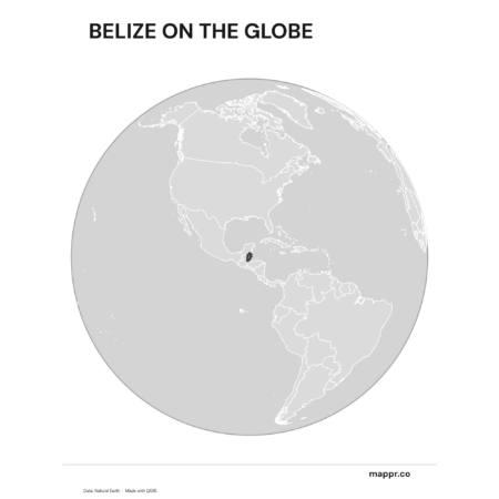 A map highlighting Belize's location on a globe, marked with a red outline (black and white).