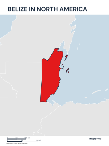 A map highlighting Belize's location on the north american continent.