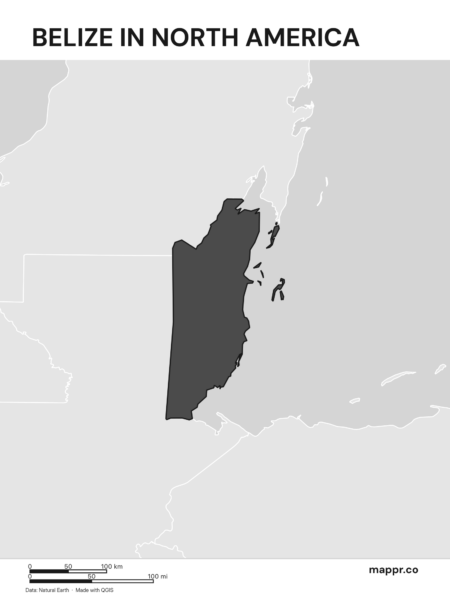A map highlighting Belize's location on the north american continent (black and white).