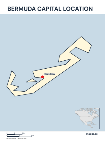 Detailed map pinpointing Hamilton, the capital of Bermuda.