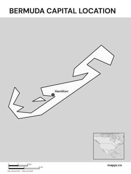 Detailed map pinpointing Hamilton, the capital of Bermuda (black and white).