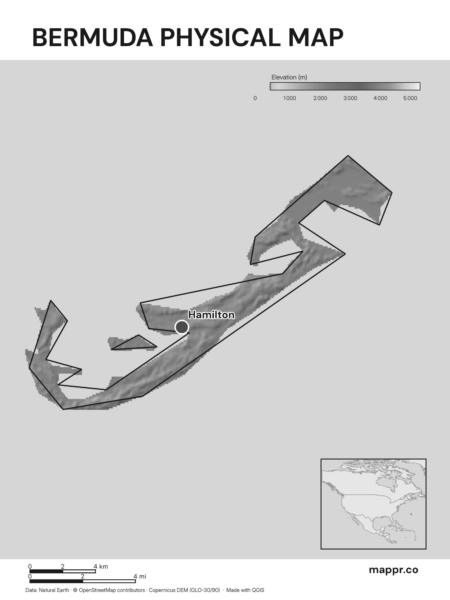 Map featuring Hamilton, the capital of Bermuda, with rich topographical detail (black and white).
