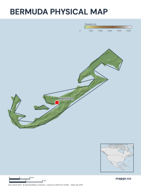 Map featuring Hamilton, the capital of Bermuda, with rich topographical detail.
