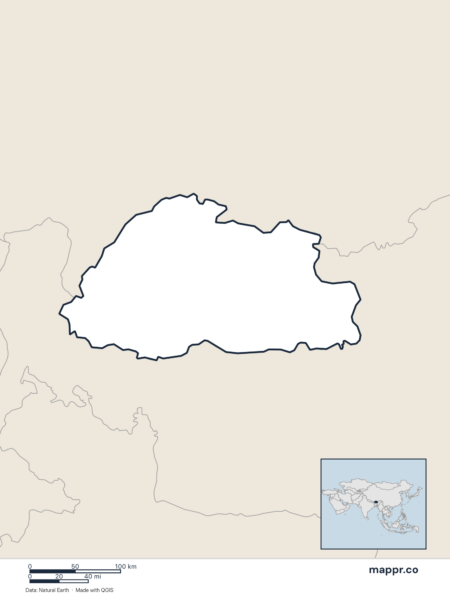 Blank political map of Bhutan showing its international borders without labels.