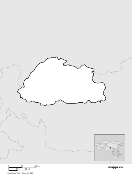 Blank political map of Bhutan showing its international borders without labels (black and white).