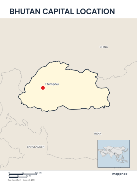 Detailed map pinpointing Thimphu, the capital of Bhutan.