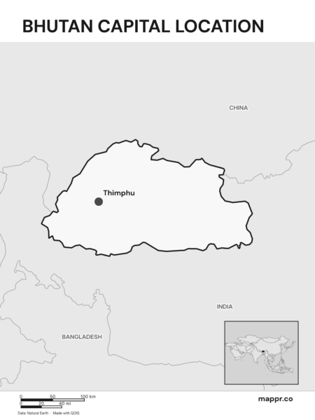 Detailed map pinpointing Thimphu, the capital of Bhutan (black and white).