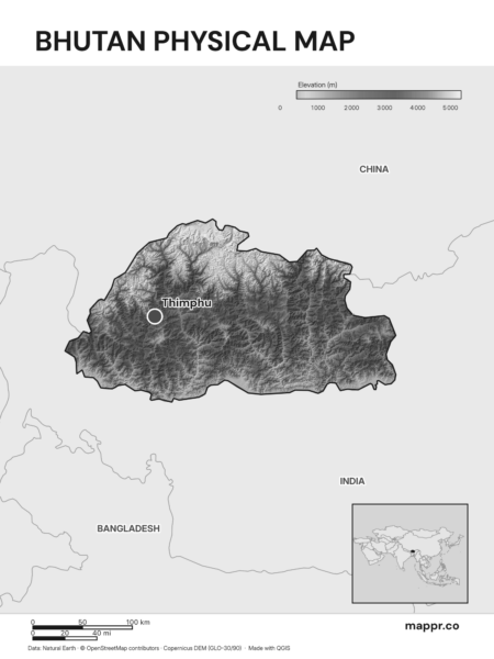 Map featuring Thimphu, the capital of Bhutan, with rich topographical detail (black and white).