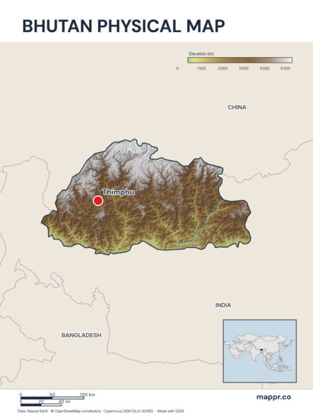 Map featuring Thimphu, the capital of Bhutan, with rich topographical detail.