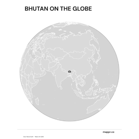 A map highlighting Bhutan's location on a globe, marked with a red outline (black and white).