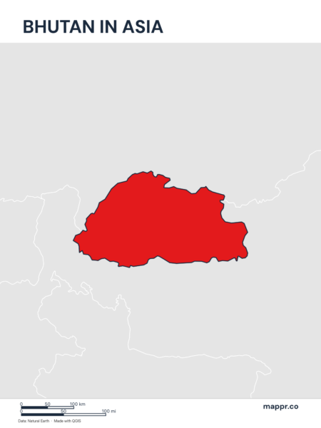 A map highlighting Bhutan's location on the asian continent.