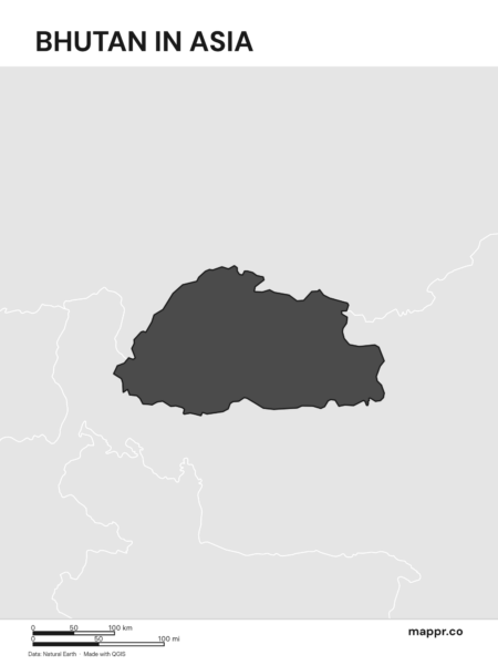 A map highlighting Bhutan's location on the asian continent (black and white).