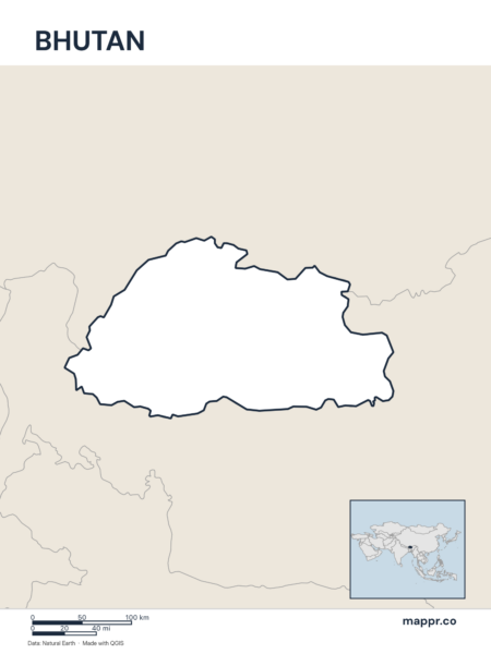 Outline map of Bhutan with detailed country borders.