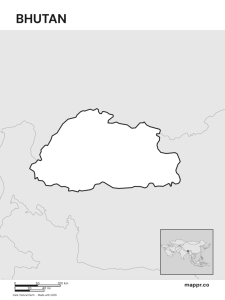 Outline map of Bhutan with detailed country borders (black and white).