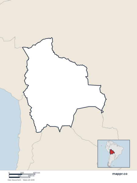 Blank political map of Bolivia showing its international borders without labels.