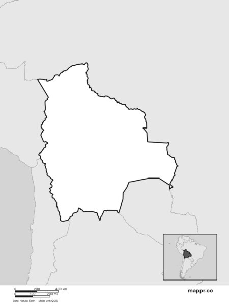 Blank political map of Bolivia showing its international borders without labels (black and white).