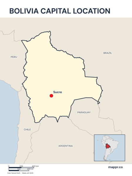 Detailed map pinpointing Sucre, the capital of Bolivia.