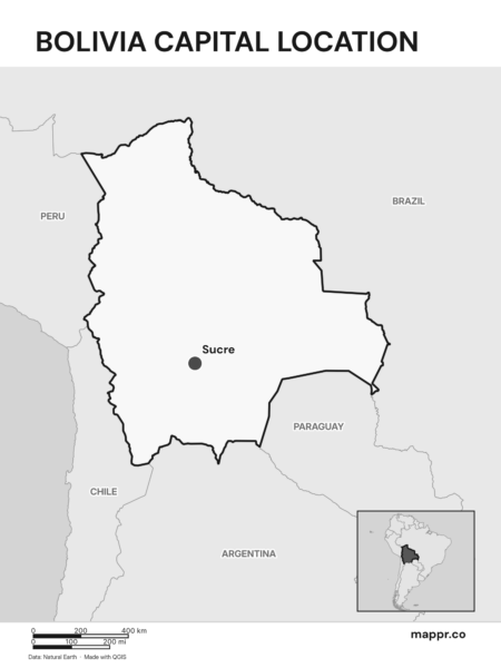 Detailed map pinpointing Sucre, the capital of Bolivia (black and white).