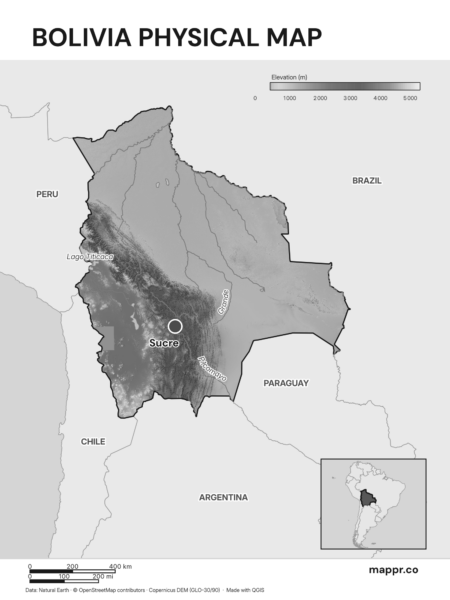 Map featuring Sucre, the capital of Bolivia, with rich topographical detail (black and white).