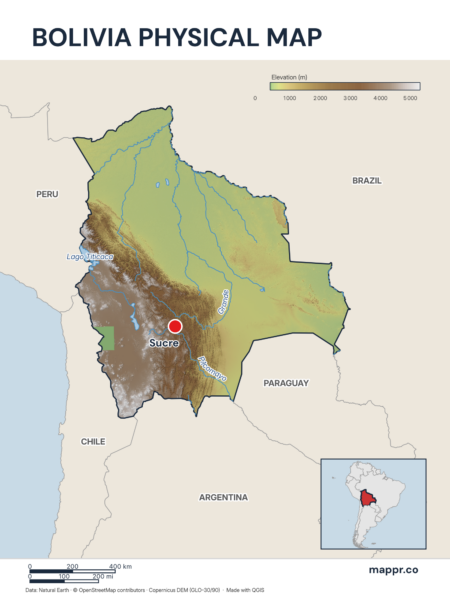 Map featuring Sucre, the capital of Bolivia, with rich topographical detail.