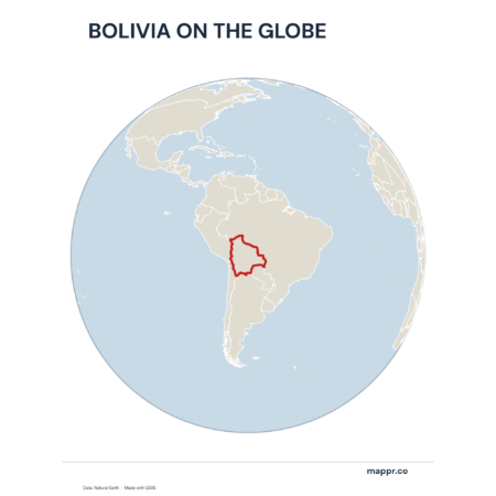 A map highlighting Bolivia's location on a globe, marked with a red outline.