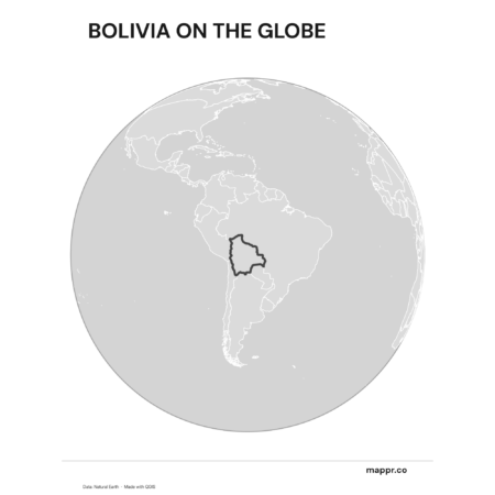 A map highlighting Bolivia's location on a globe, marked with a red outline (black and white).