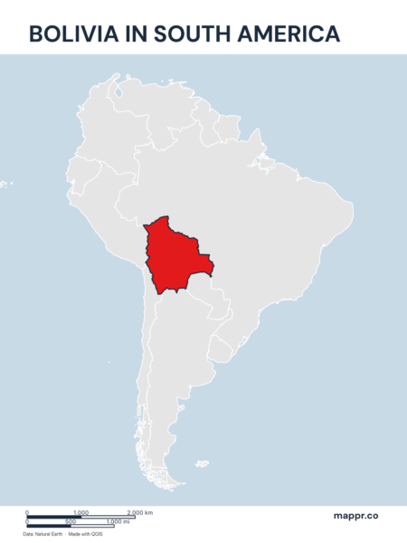 A map highlighting Bolivia's location on the south american continent.