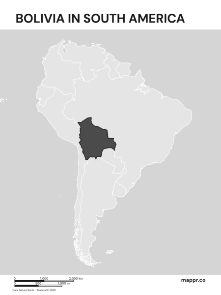 A map highlighting Bolivia's location on the south american continent (black and white).