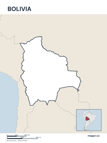 Outline map of Bolivia with detailed country borders.