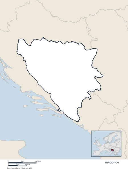 Blank political map of Bosnia and Herzegovina showing its international borders without labels.