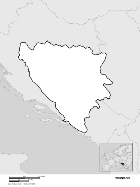 Blank political map of Bosnia and Herzegovina showing its international borders without labels (black and white).