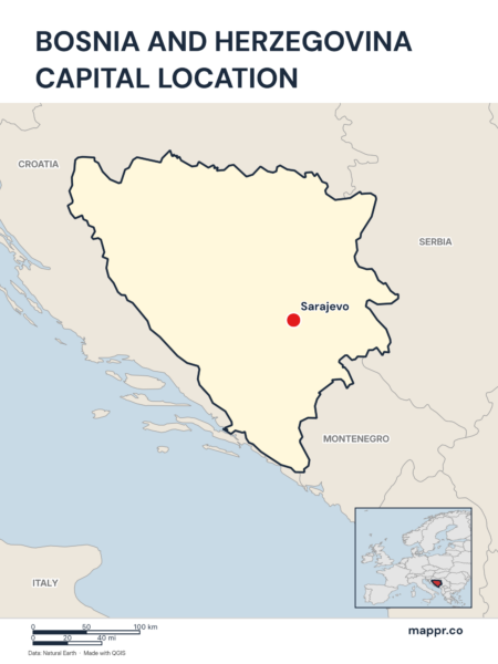 Detailed map pinpointing Sarajevo, the capital of Bosnia and Herzegovina.