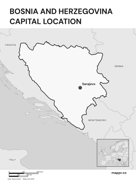 Detailed map pinpointing Sarajevo, the capital of Bosnia and Herzegovina (black and white).