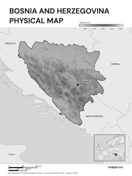 Map featuring Sarajevo, the capital of Bosnia and Herzegovina, with rich topographical detail (black and white).