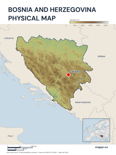 Map featuring Sarajevo, the capital of Bosnia and Herzegovina, with rich topographical detail.