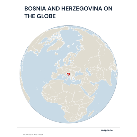 A map highlighting Bosnia and Herzegovina's location on a globe, marked with a red outline.
