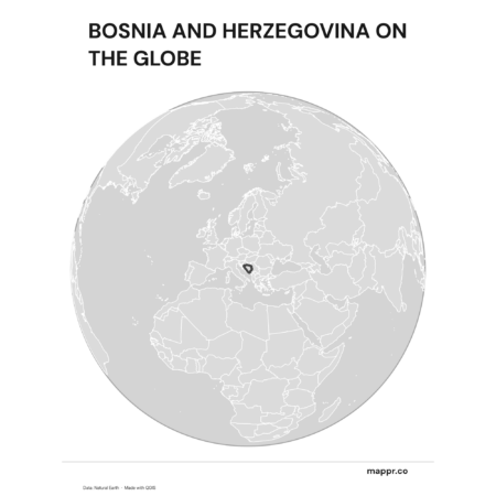 A map highlighting Bosnia and Herzegovina's location on a globe, marked with a red outline (black and white).