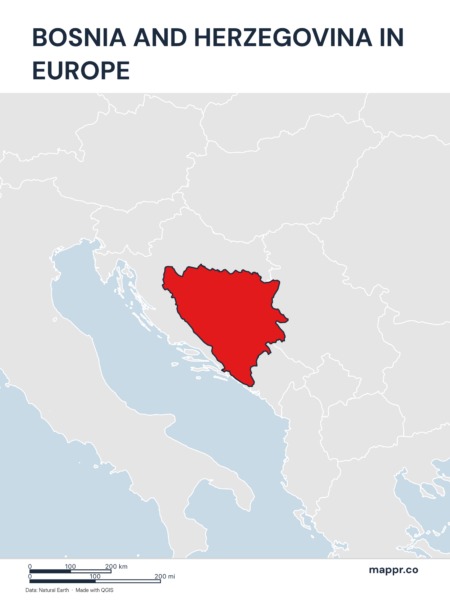 A map highlighting Bosnia and Herzegovina's location on the european continent.