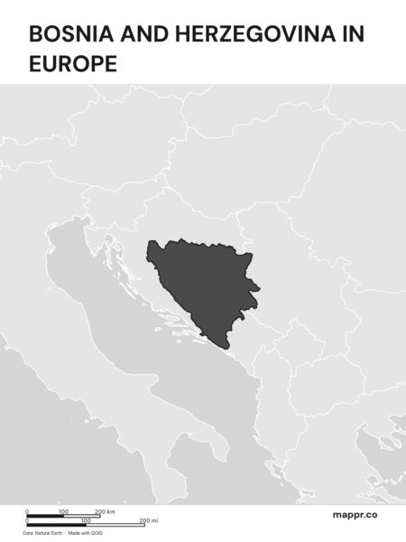 A map highlighting Bosnia and Herzegovina's location on the european continent (black and white).