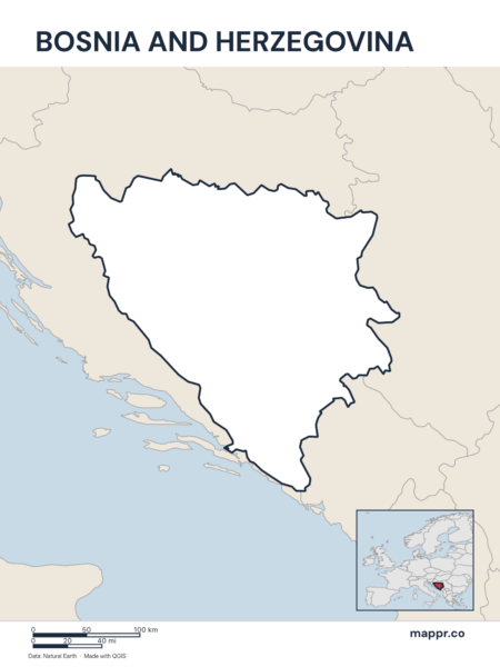 Outline map of Bosnia and Herzegovina with detailed country borders.