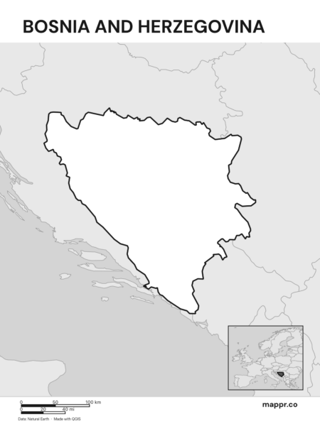 Outline map of Bosnia and Herzegovina with detailed country borders (black and white).