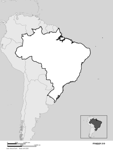 Blank political map of Brazil showing its international borders without labels (black and white).