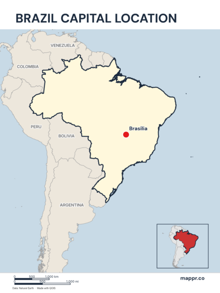 Detailed map pinpointing Brasília, the capital of Brazil.