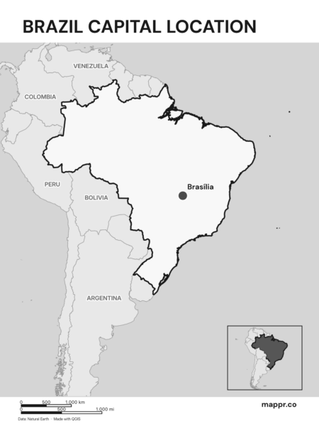 Detailed map pinpointing Brasília, the capital of Brazil (black and white).