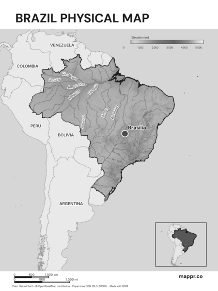 Map featuring Brasília, the capital of Brazil, with rich topographical detail (black and white).