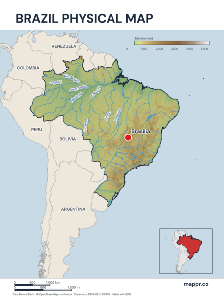 Map featuring Brasília, the capital of Brazil, with rich topographical detail.